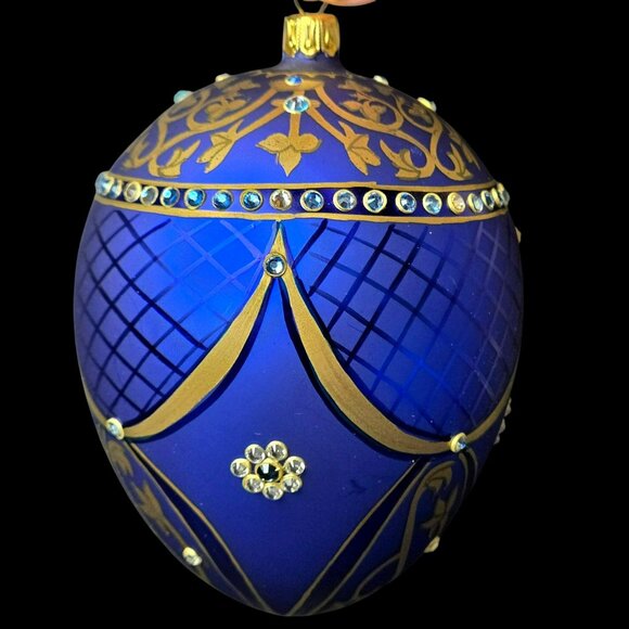 Komozja Family Blue Jeweled Glass Egg 5" Ornament Handcrafted Polish Blown Glass - Picture 1 of 10